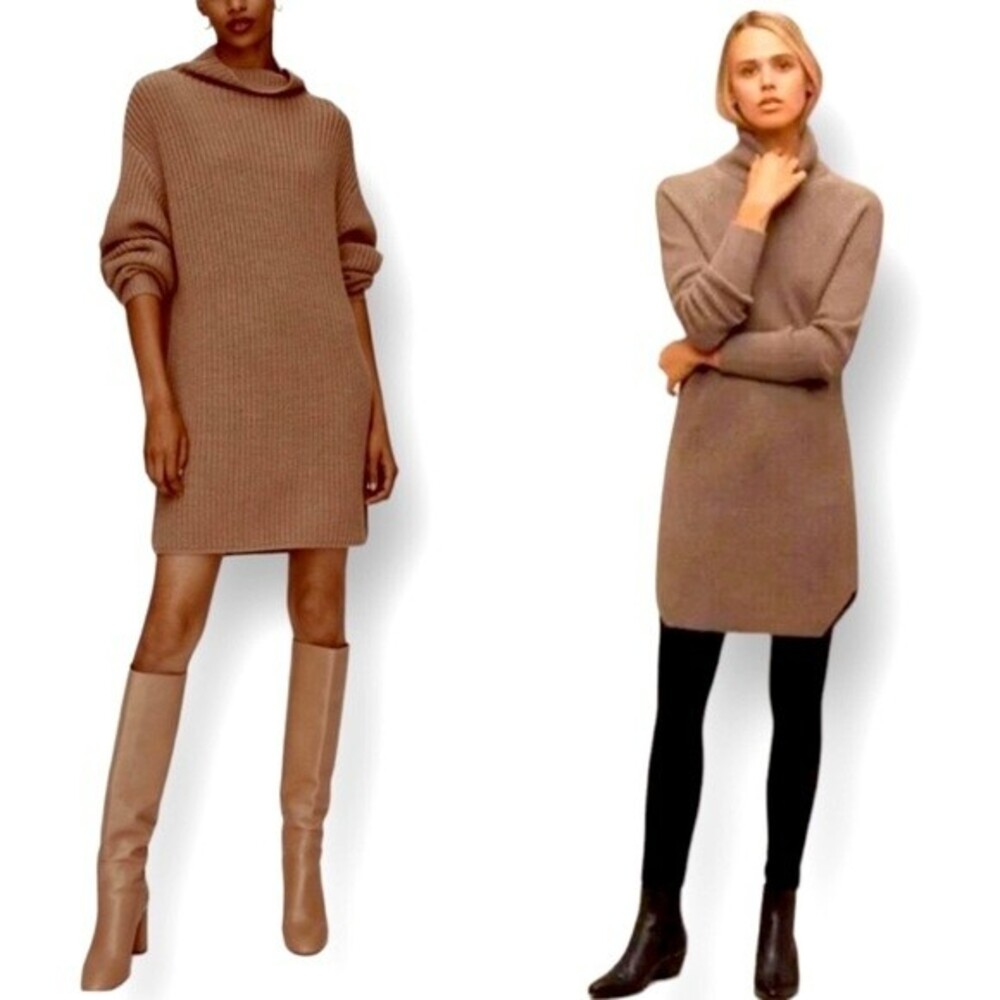 Aritzia Wilfred Free Bianca Merino Wool Sweater Dress Beige Turtleneck Size L
